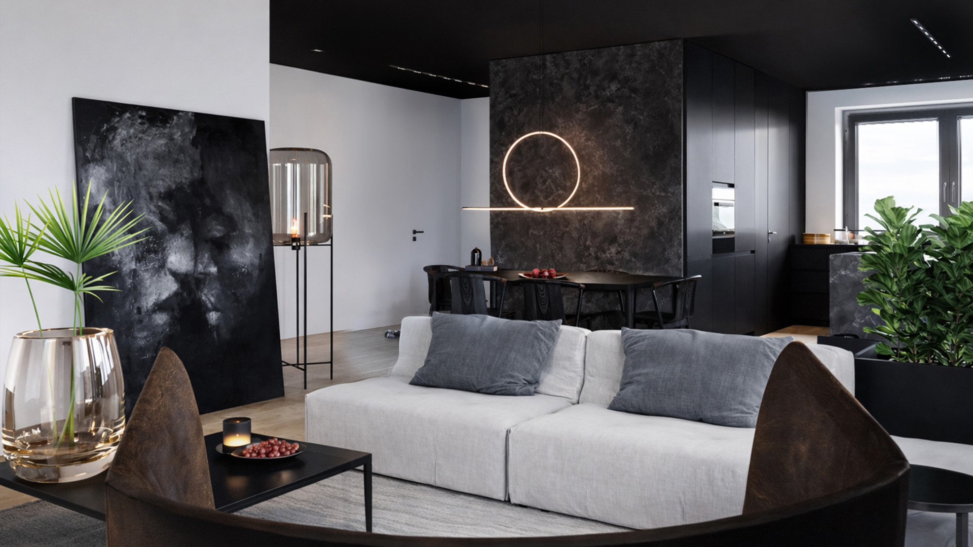 Wnętrza domu w Gdańsku z czarnym sufitem – nowoczesny projekt 360 m²