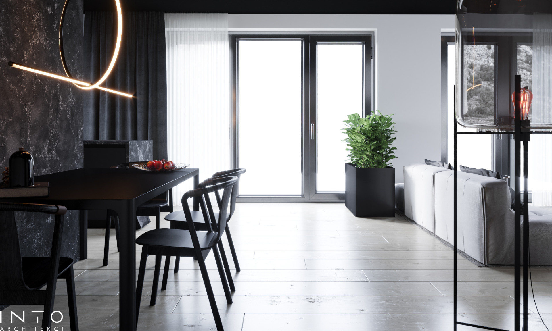 Wnętrza domu w Gdańsku z czarnym sufitem – nowoczesny projekt 360 m²