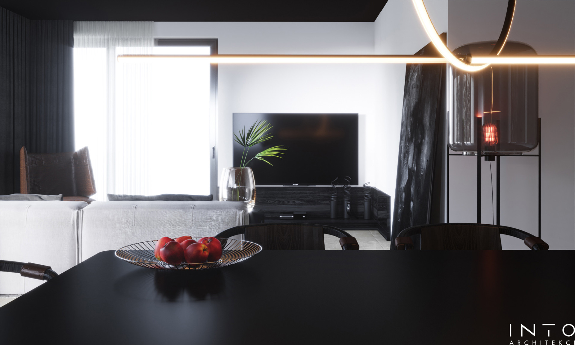 Wnętrza domu w Gdańsku z czarnym sufitem – nowoczesny projekt 360 m²
