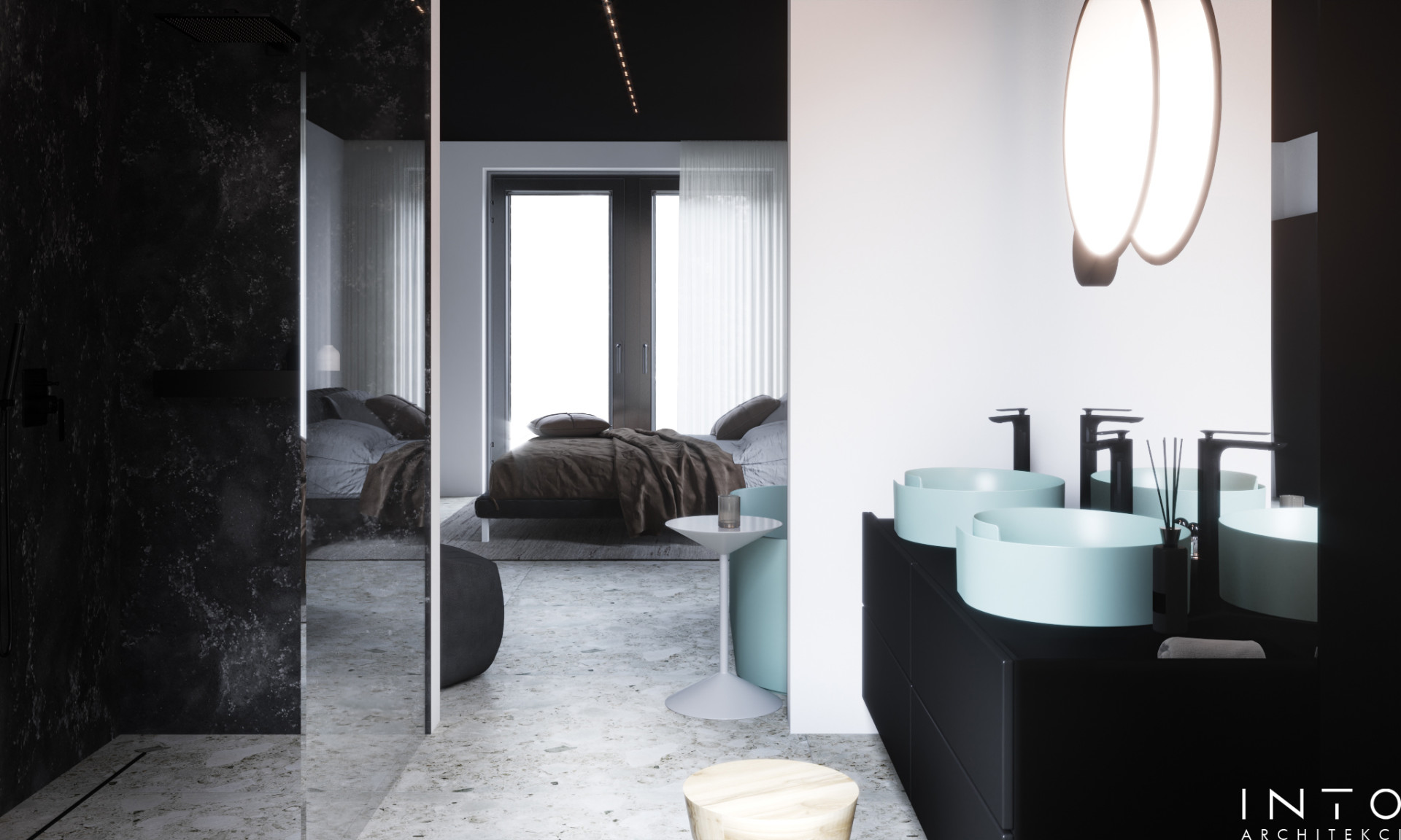 Wnętrza domu w Gdańsku z czarnym sufitem – nowoczesny projekt 360 m²