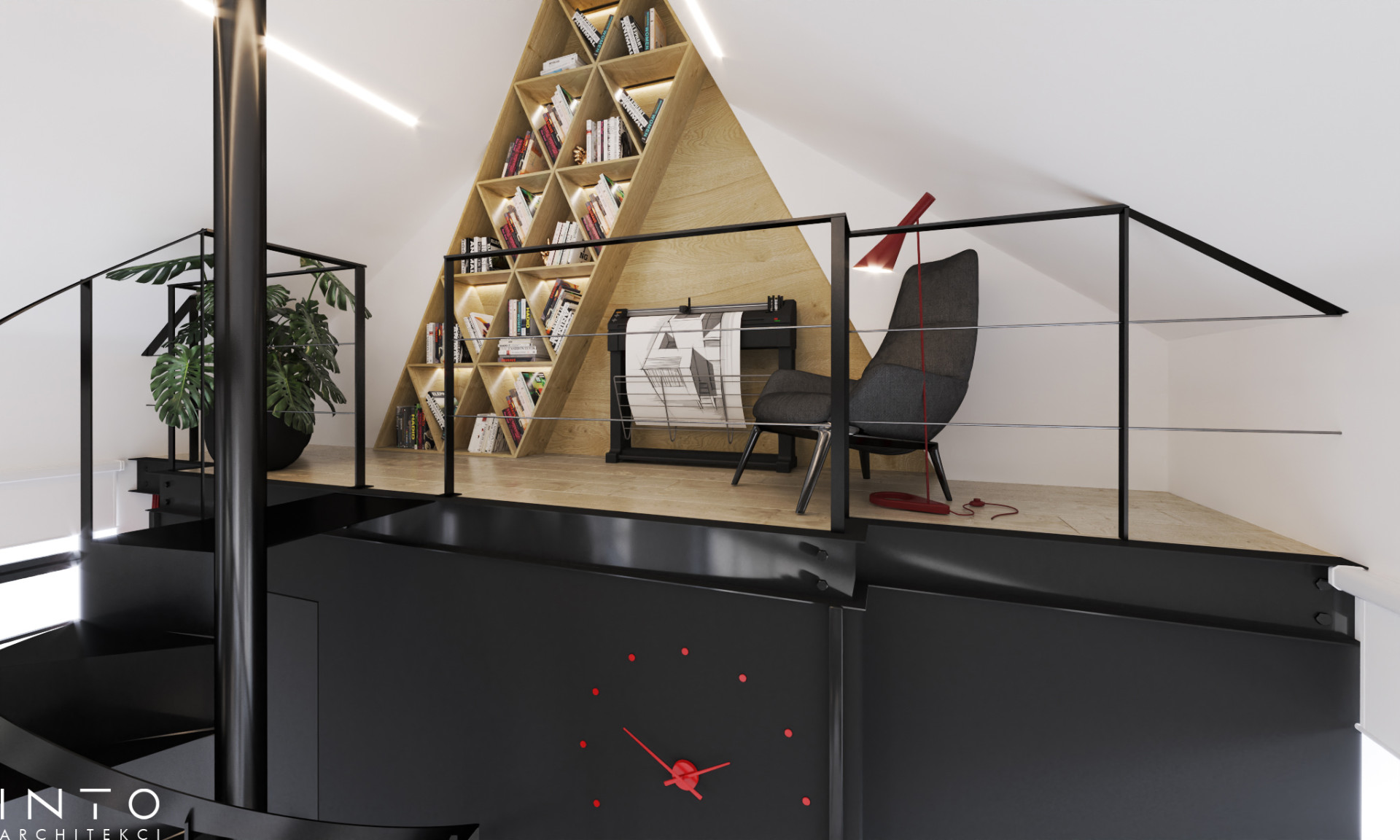 Projekt kameralnego biura z antresolą w Poznaniu – nowoczesne wnętrze 80 m²