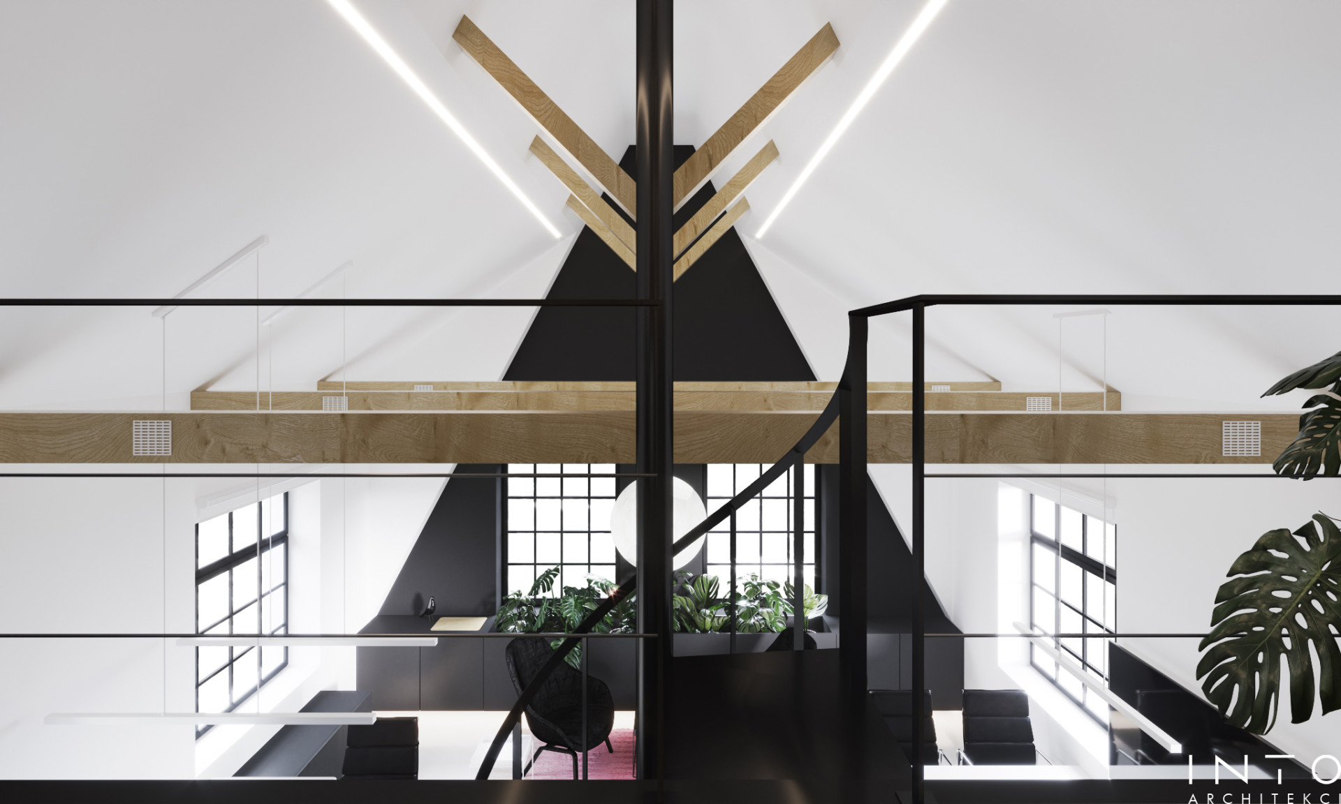 Projekt kameralnego biura z antresolą w Poznaniu – nowoczesne wnętrze 80 m²