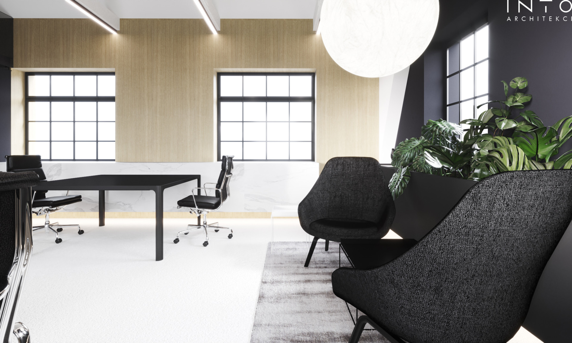 Projekt kameralnego biura z antresolą w Poznaniu – nowoczesne wnętrze 80 m²