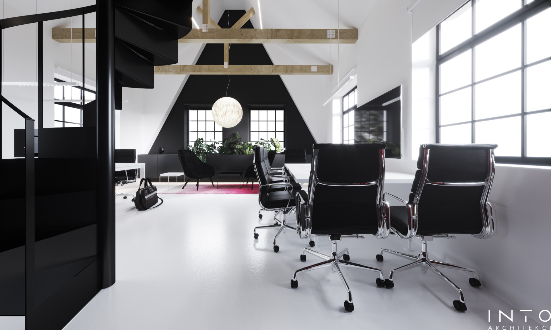 Projekt kameralnego biura z antresolą w Poznaniu – nowoczesne wnętrze 80 m²