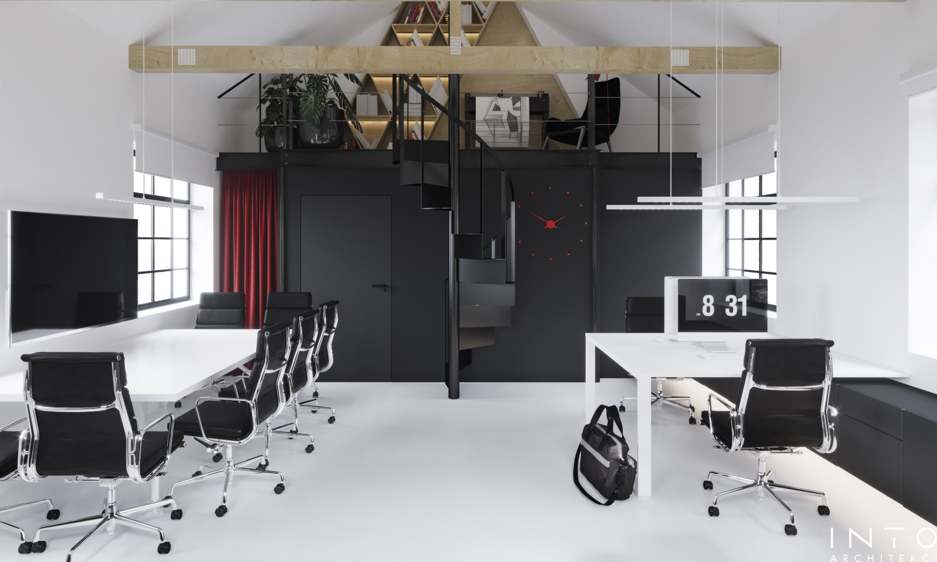 Projekt kameralnego biura z antresolą w Poznaniu – nowoczesne wnętrze 80 m²