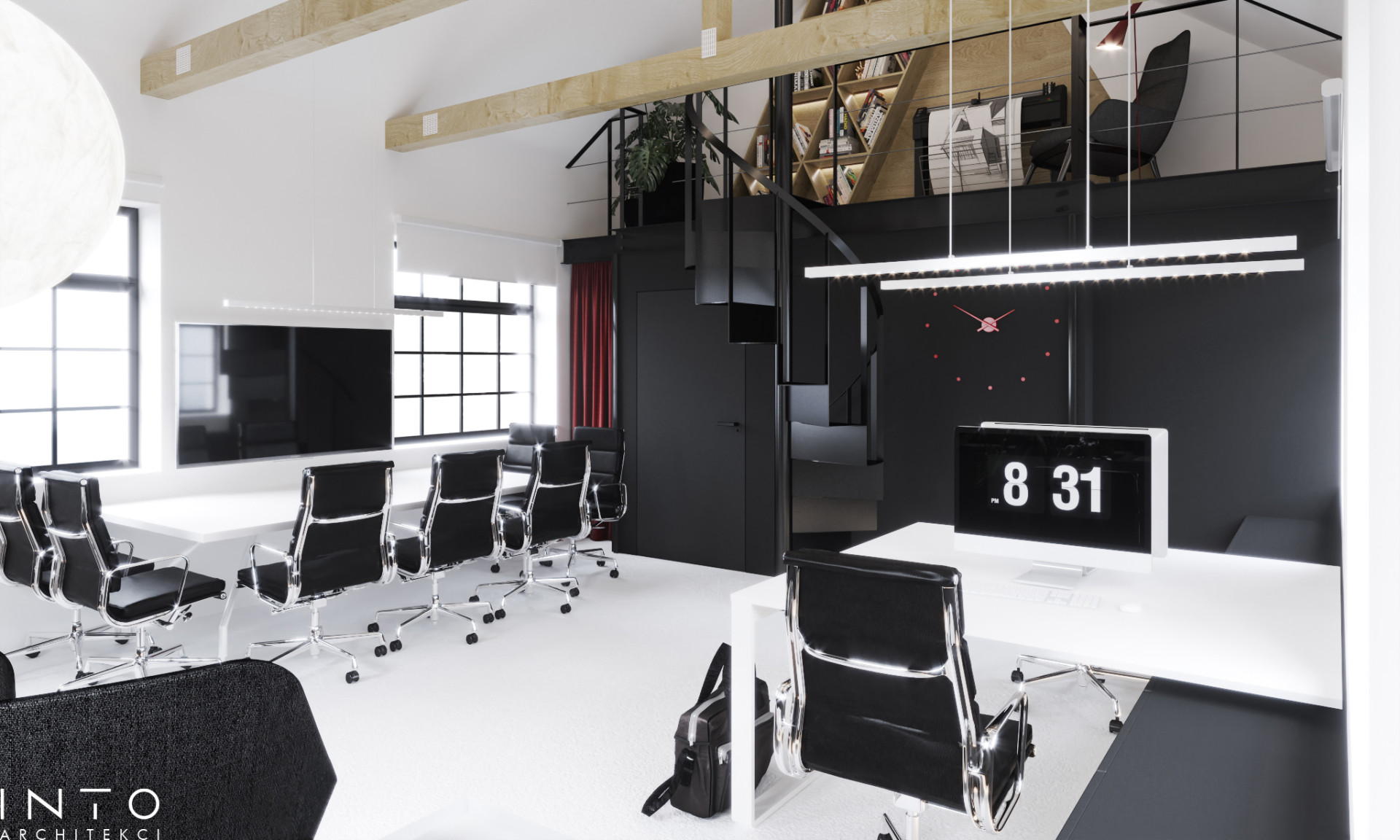Projekt kameralnego biura z antresolą w Poznaniu – nowoczesne wnętrze 80 m²