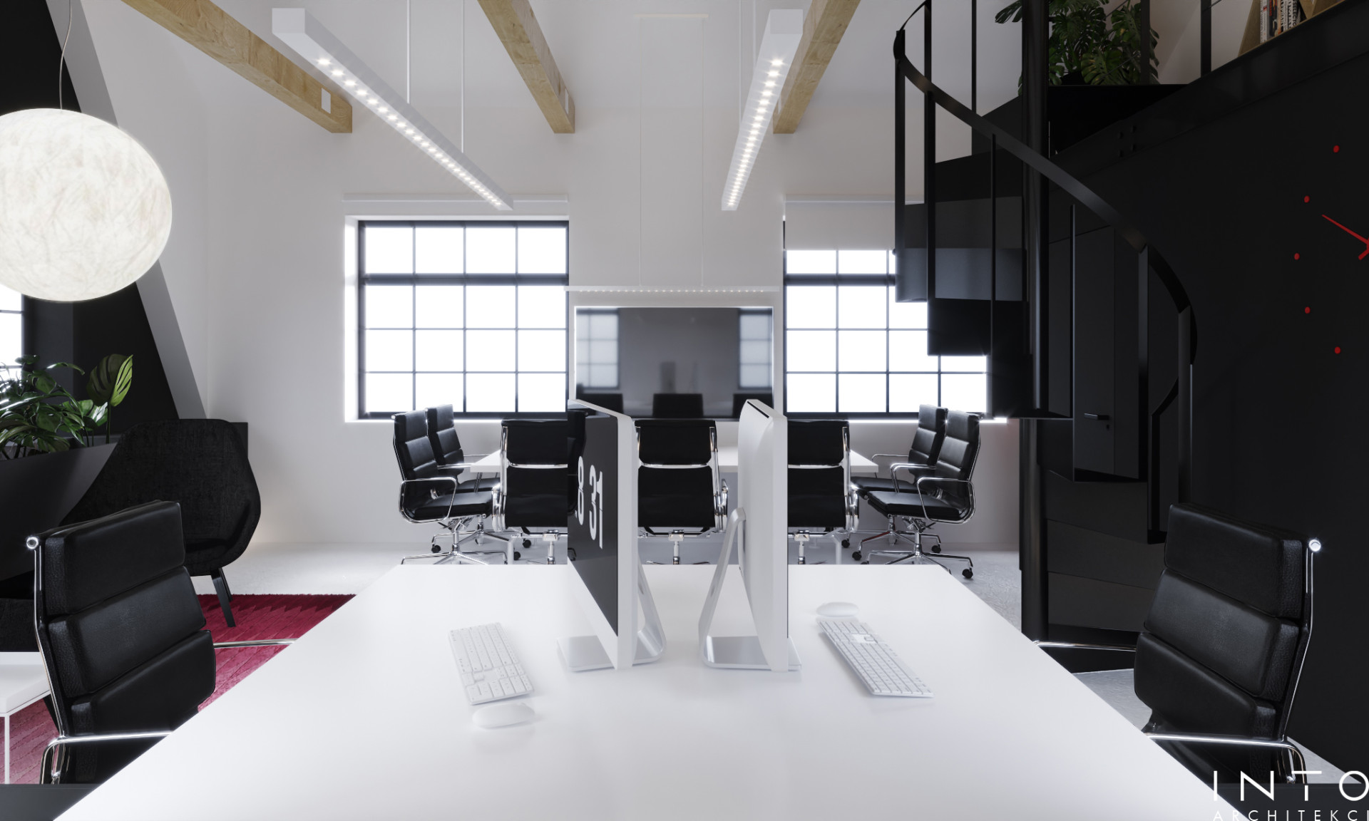 Projekt kameralnego biura z antresolą w Poznaniu – nowoczesne wnętrze 80 m²