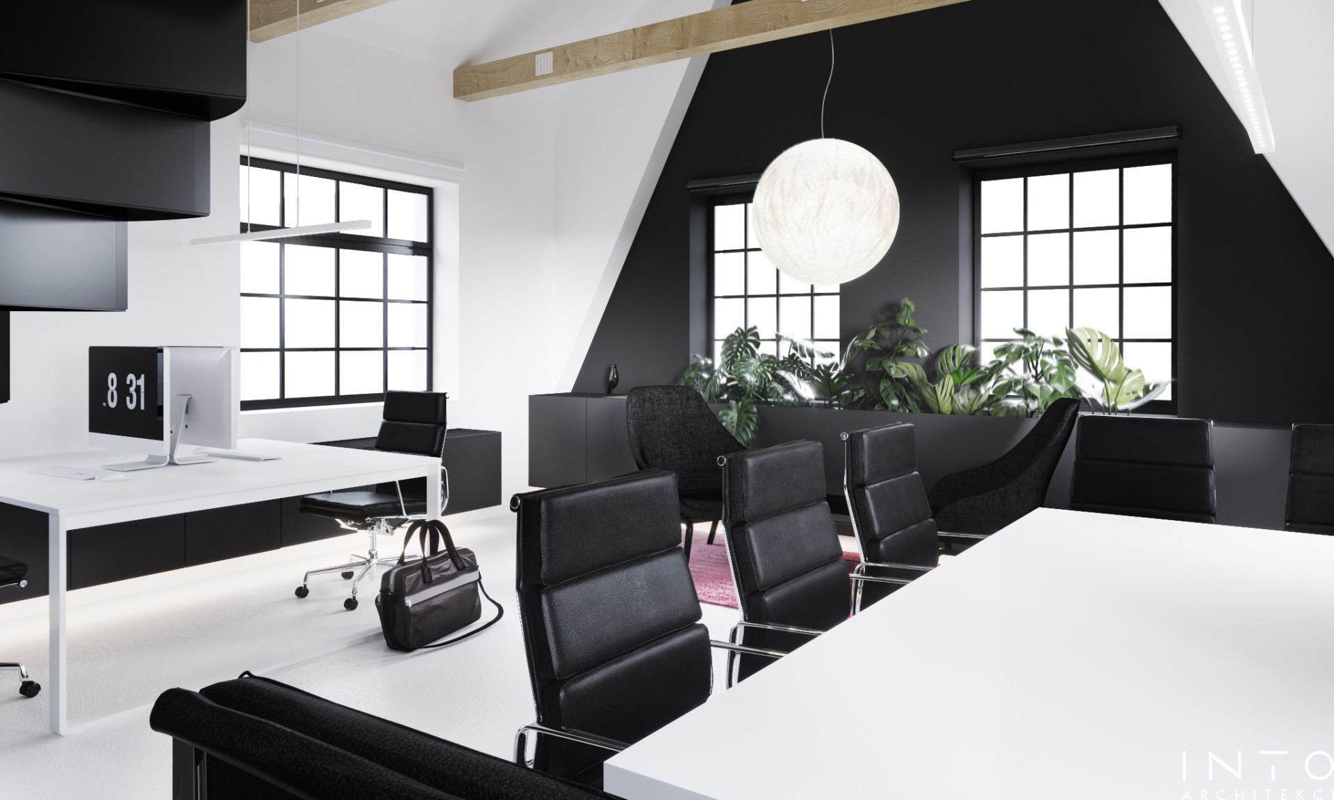 Projekt kameralnego biura z antresolą w Poznaniu – nowoczesne wnętrze 80 m²