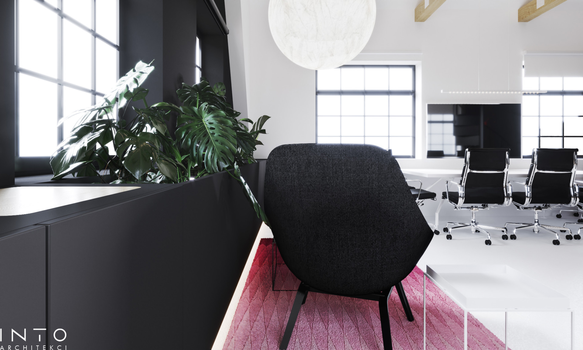 Projekt kameralnego biura z antresolą w Poznaniu – nowoczesne wnętrze 80 m²