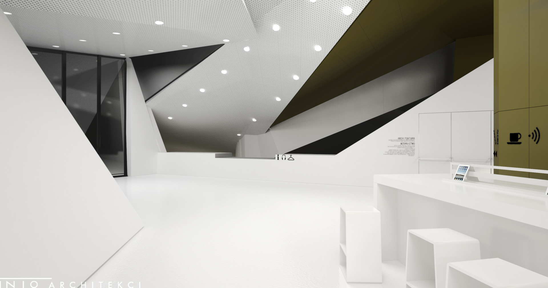 Minimalistyczna koncepcja centrum designu i przestrzeni wystawienniczej